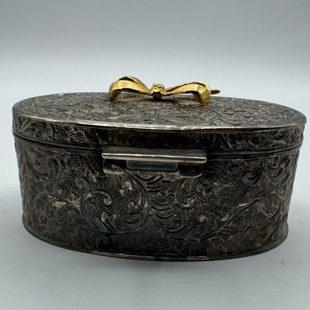 Victorian Style Silver Plated Trinket Box 1 3/4x4 inches With Red Insert Velvet